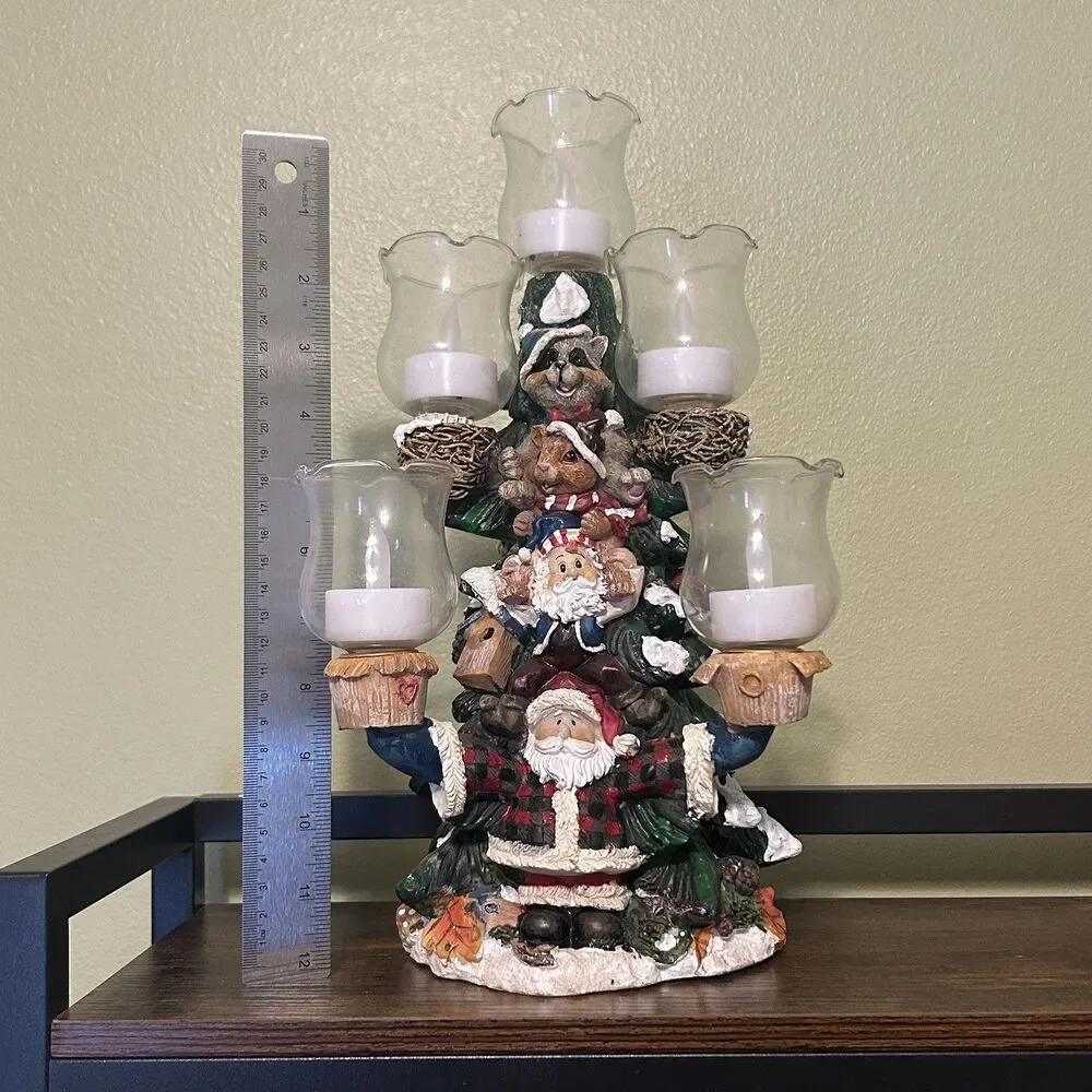 Santa Ceramic Multi-Arm Candle Holder Centerpiece w/ Glass Cups, Multicolor